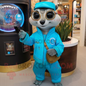 Turquoise Meerkat mascot costume character dressed with a Moto Jacket and Coin purses