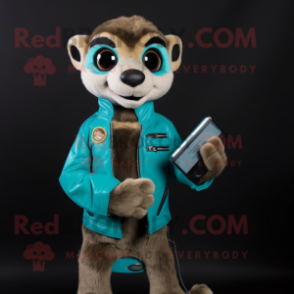 Turquoise Meerkat mascot costume character dressed with a Moto Jacket and Coin purses