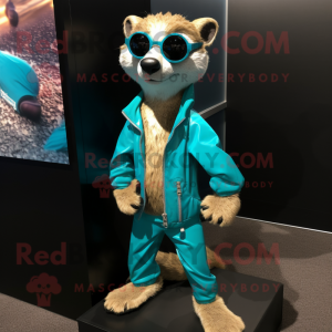 Turquoise Meerkat mascot costume character dressed with a Moto Jacket and Coin purses