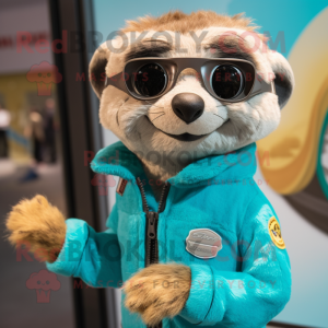 Turquoise Meerkat mascot costume character dressed with a Moto Jacket and Coin purses