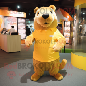 Yellow Capybara mascot costume character dressed with a T-Shirt and Wraps