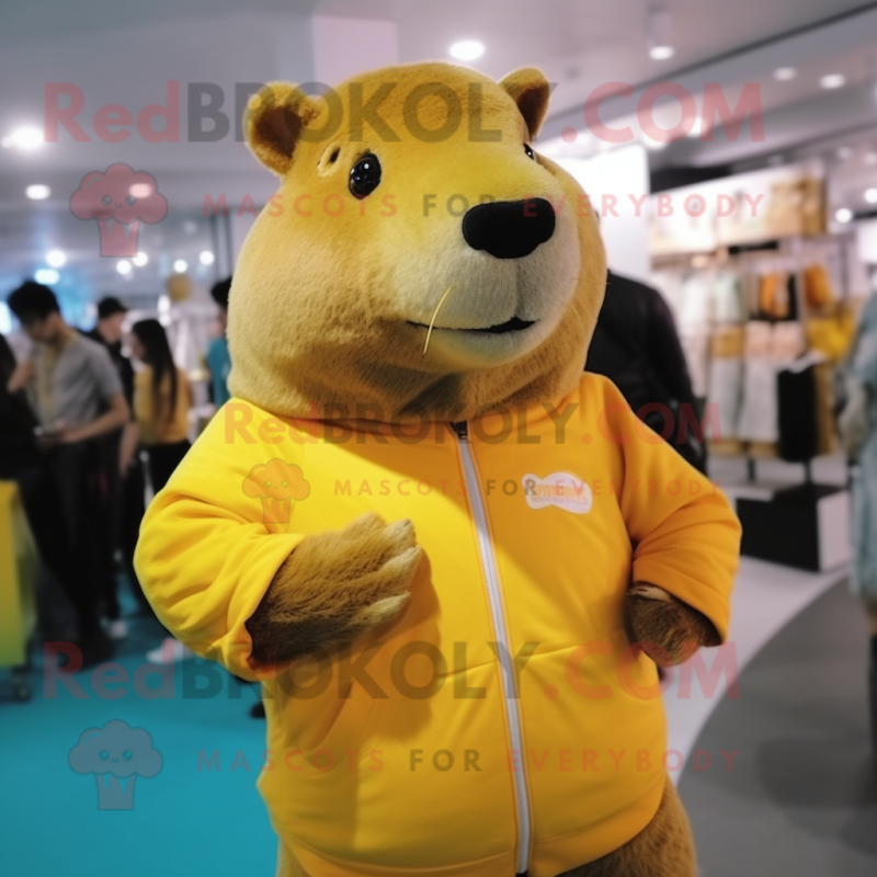 Yellow Capybara mascot costume character dressed with a T-Shirt and Wraps Yellow Capybara mascot costume character dressed with a T-Shirt and Wraps