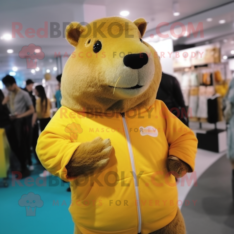 Yellow Capybara mascot costume character dressed with a T-Shirt and Wraps