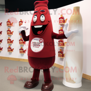 Maroon Bottle Of Ketchup mascot costume character dressed with a Polo Shirt and Lapel pins