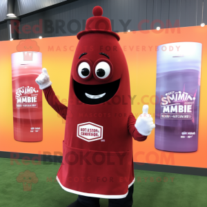 Maroon Bottle Of Ketchup mascot costume character dressed with a Polo Shirt and Lapel pins