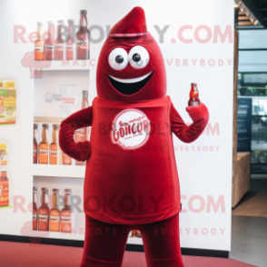 Maroon Bottle Of Ketchup mascot costume character dressed with a Polo Shirt and Lapel pins