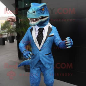 Cyan Allosaurus mascot costume character dressed with a Suit Jacket and Brooches