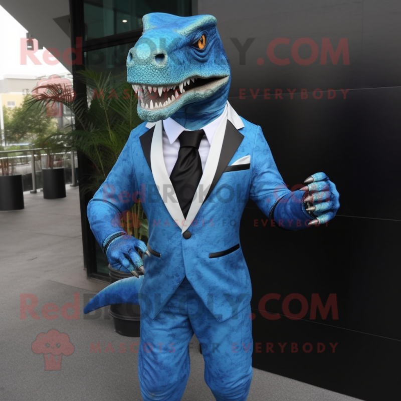 Cyan Allosaurus mascot costume character dressed with a Suit Jacket and Brooches Cyan Allosaurus mascot costume character dressed with a Suit Jacket and Brooches
