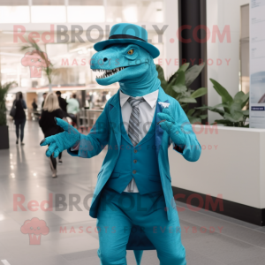 Cyan Allosaurus mascot costume character dressed with a Suit Jacket and Brooches