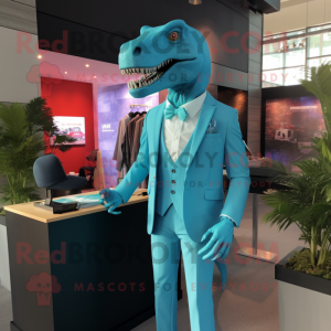 Cyan Allosaurus mascot costume character dressed with a Suit Jacket and Brooches