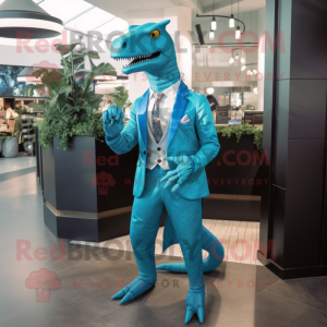 Cyan Allosaurus mascot costume character dressed with a Suit Jacket and Brooches