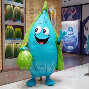 Cyan Onion mascot costume character dressed with a Raincoat and Clutch bags
