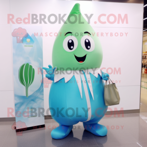 Cyan Onion mascot costume character dressed with a Raincoat and Clutch bags