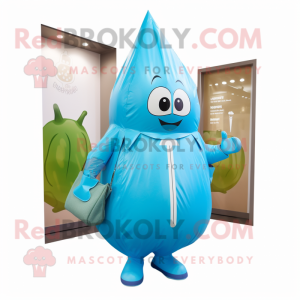 Cyan Onion mascot costume character dressed with a Raincoat and Clutch bags