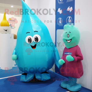Cyan Onion mascot costume character dressed with a Raincoat and Clutch bags