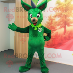 Forest Green Roe Deer mascot costume character dressed with a Flare Jeans and Shoe clips