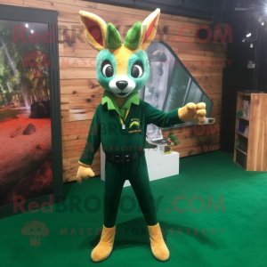 Forest Green Roe Deer mascot costume character dressed with a Flare Jeans and Shoe clips