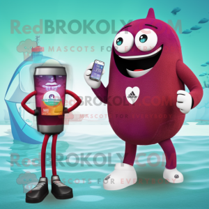 Maroon Soda Can mascot costume character dressed with a One-Piece Swimsuit and Smartwatches