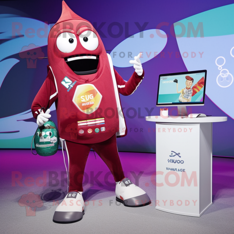 Maroon Soda Can mascot costume character dressed with a One-Piece Swimsuit and Smartwatches