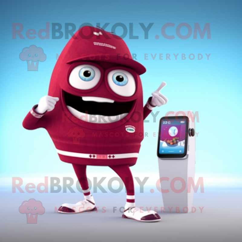 Maroon Soda Can mascot costume character dressed with a One-Piece Swimsuit and Smartwatches Maroon Soda Can mascot costume character dressed with a One-Piece Swimsuit and Smartwatches