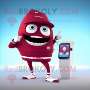 Maroon Soda Can mascot costume character dressed with a One-Piece Swimsuit and Smartwatches