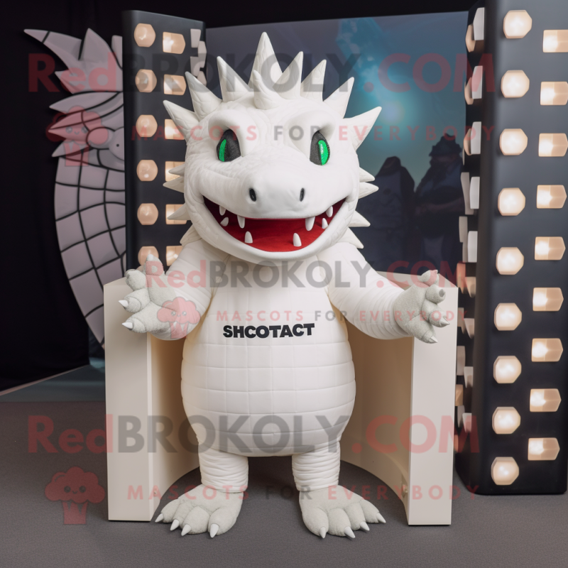 White Stegosaurus mascot costume character dressed with a Turtleneck and Beanies White Stegosaurus mascot costume character dressed with a Turtleneck and Beanies