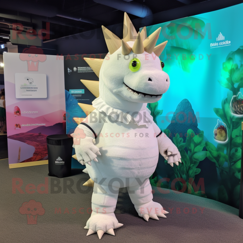 White Stegosaurus mascot costume character dressed with a Turtleneck and Beanies White Stegosaurus mascot costume character dressed with a Turtleneck and Beanies