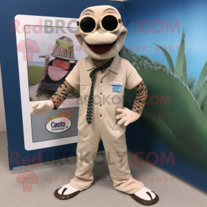 Tan Python mascot costume character dressed with a Bermuda Shorts and Ties