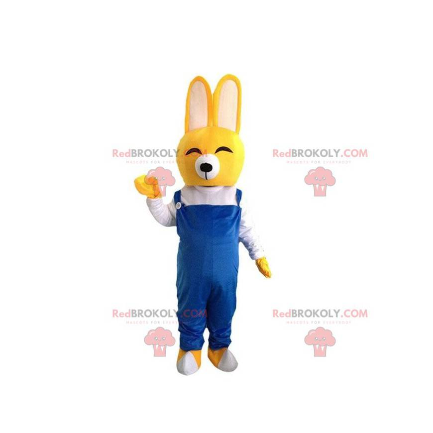 Mascotte coniglio giallo, costume giallo con un'aria ridente -