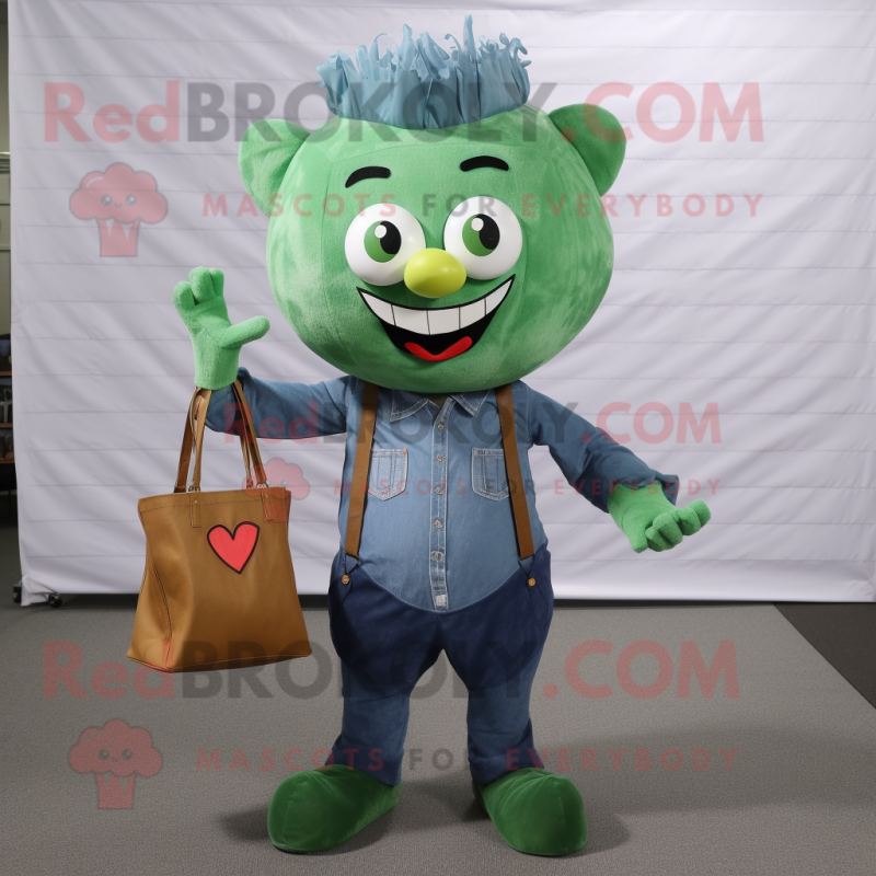 Forest Green Heart mascot costume character dressed with a Chambray Shirt and Coin purses Forest Green Heart mascot costume character dressed with a Chambray Shirt and Coin purses