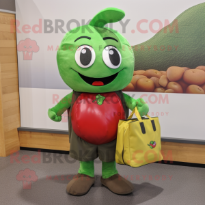 Olive Cherry mascot costume character dressed with a Vest and Tote bags