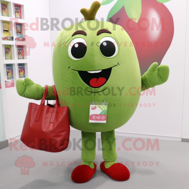 Olive Cherry mascot costume character dressed with a Vest and Tote bags