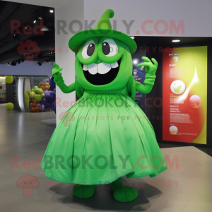 Green Devil mascot costume character dressed with a Ball Gown and Hats