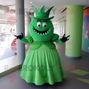 Green Devil mascot costume character dressed with a Ball Gown and Hats