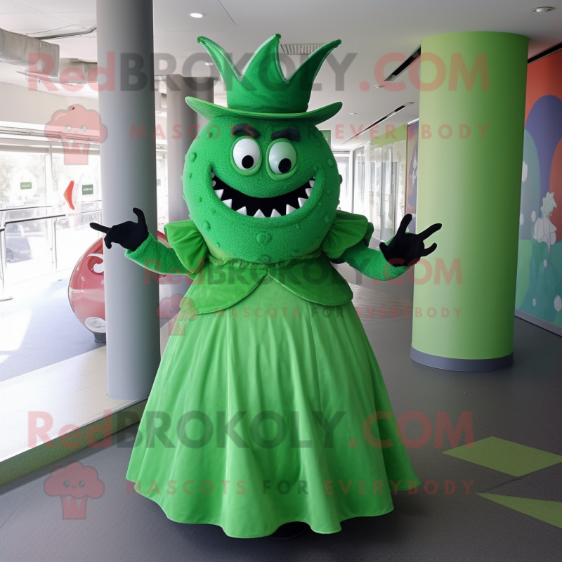 Green Devil mascot costume character dressed with a Ball Gown and Hats Green Devil mascot costume character dressed with a Ball Gown and Hats