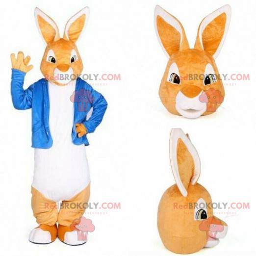 Orange und weißes Kaninchenmaskottchen mit blauer Jacke -