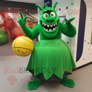 Green Devil mascot costume character dressed with a Ball Gown and Hats