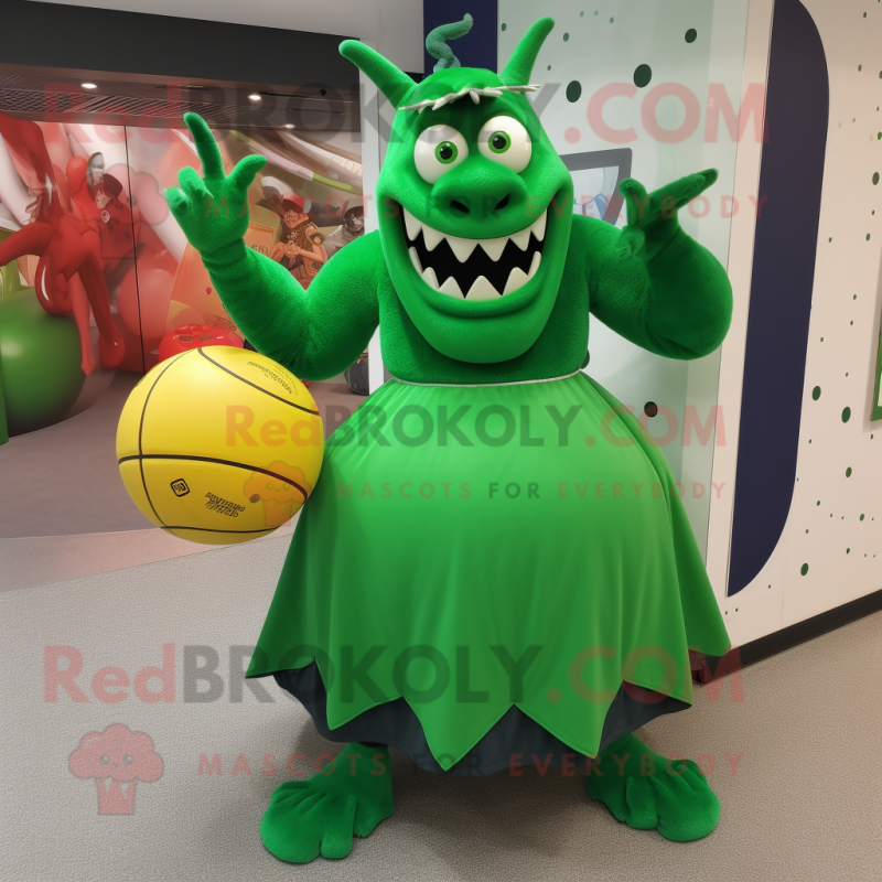 Green Devil mascot costume character dressed with a Ball Gown and Hats Green Devil mascot costume character dressed with a Ball Gown and Hats
