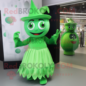 Green Devil mascot costume character dressed with a Ball Gown and Hats
