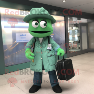 Forest Green Doctor mascot costume character dressed with a Mom Jeans and Messenger bags