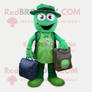 Forest Green Doctor mascot costume character dressed with a Mom Jeans and Messenger bags