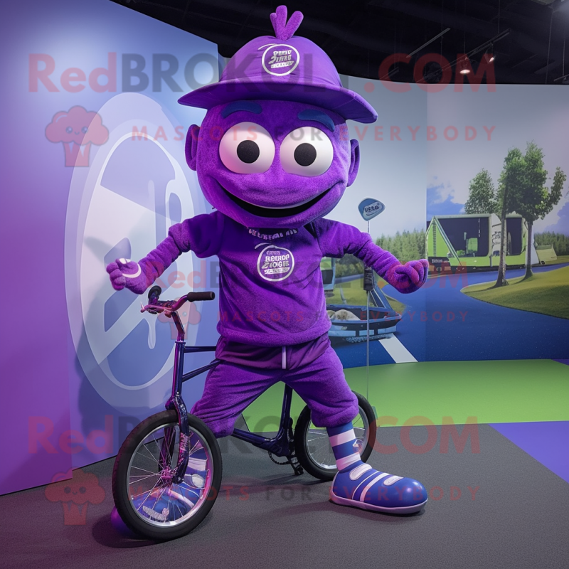 Purple Unicyclist mascot costume character dressed with a Joggers and Belts