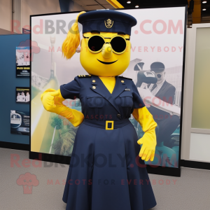Yellow Navy Soldier mascot costume character dressed with a Maxi Skirt and Belts