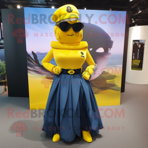 Yellow Navy Soldier mascot costume character dressed with a Maxi Skirt and Belts