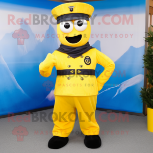 Yellow Navy Soldier mascot costume character dressed with a Maxi Skirt and Belts