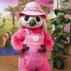 Pink Sloth mascot costume character dressed with a Shift Dress and Hats