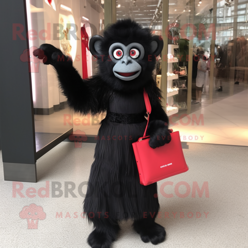 Black Monkey mascot costume character dressed with a Midi Dress and Clutch bags