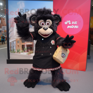 Black Monkey mascot costume character dressed with a Midi Dress and Clutch bags