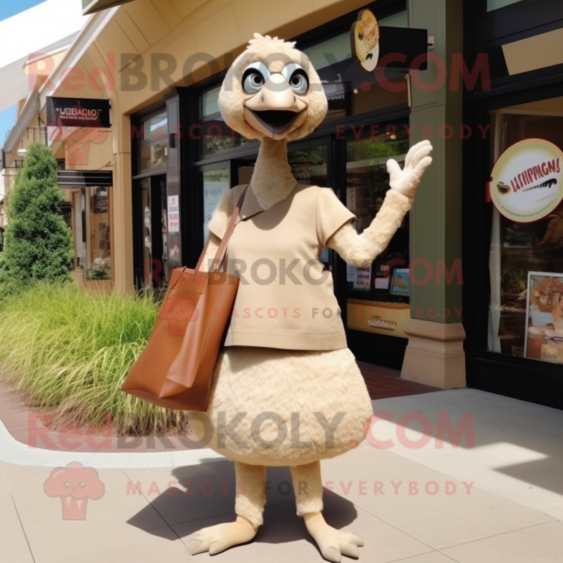Tan Ostrich mascot costume character dressed with a A-Line Skirt and Tote bags