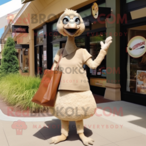 Tan Ostrich mascot costume character dressed with a A-Line Skirt and Tote bags